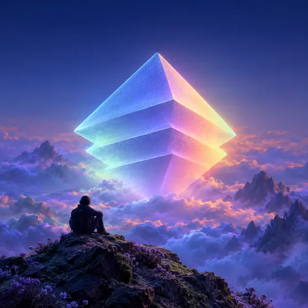 Ein leuchtendes geometrisches Objekt in einer Landschaft im violetten Zwielicht