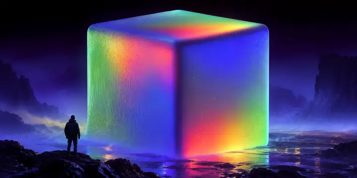 Ein monumentaler, schillernder Würfel in einer dunklen, atmosphärischen Landschaft
