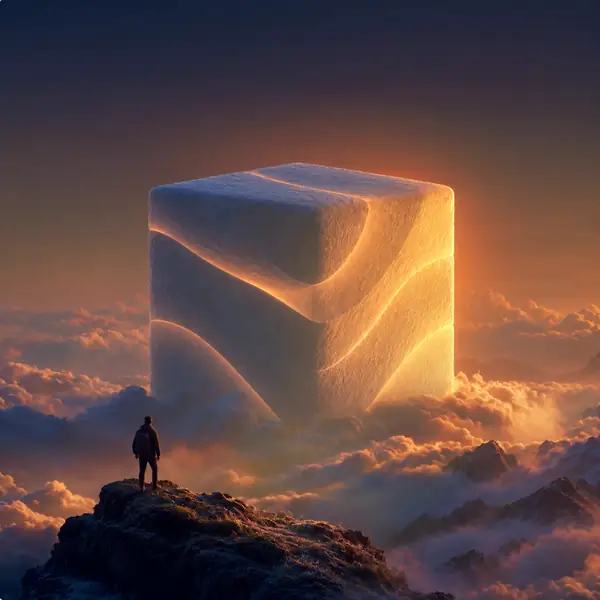 Ein sanft beleuchteter Würfel, der über einer nebligen Landschaft schwebt