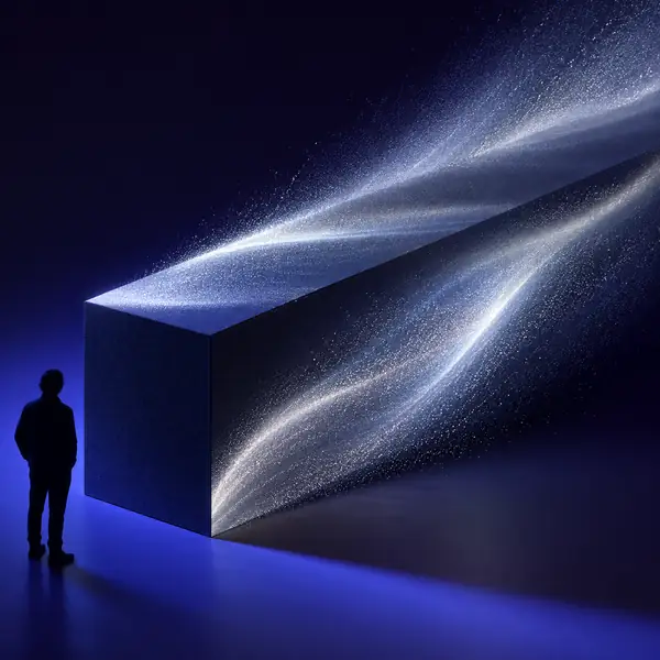 Ein längliches schwarzes geometrisches Objekt, beleuchtet von fließendem silbernem Licht